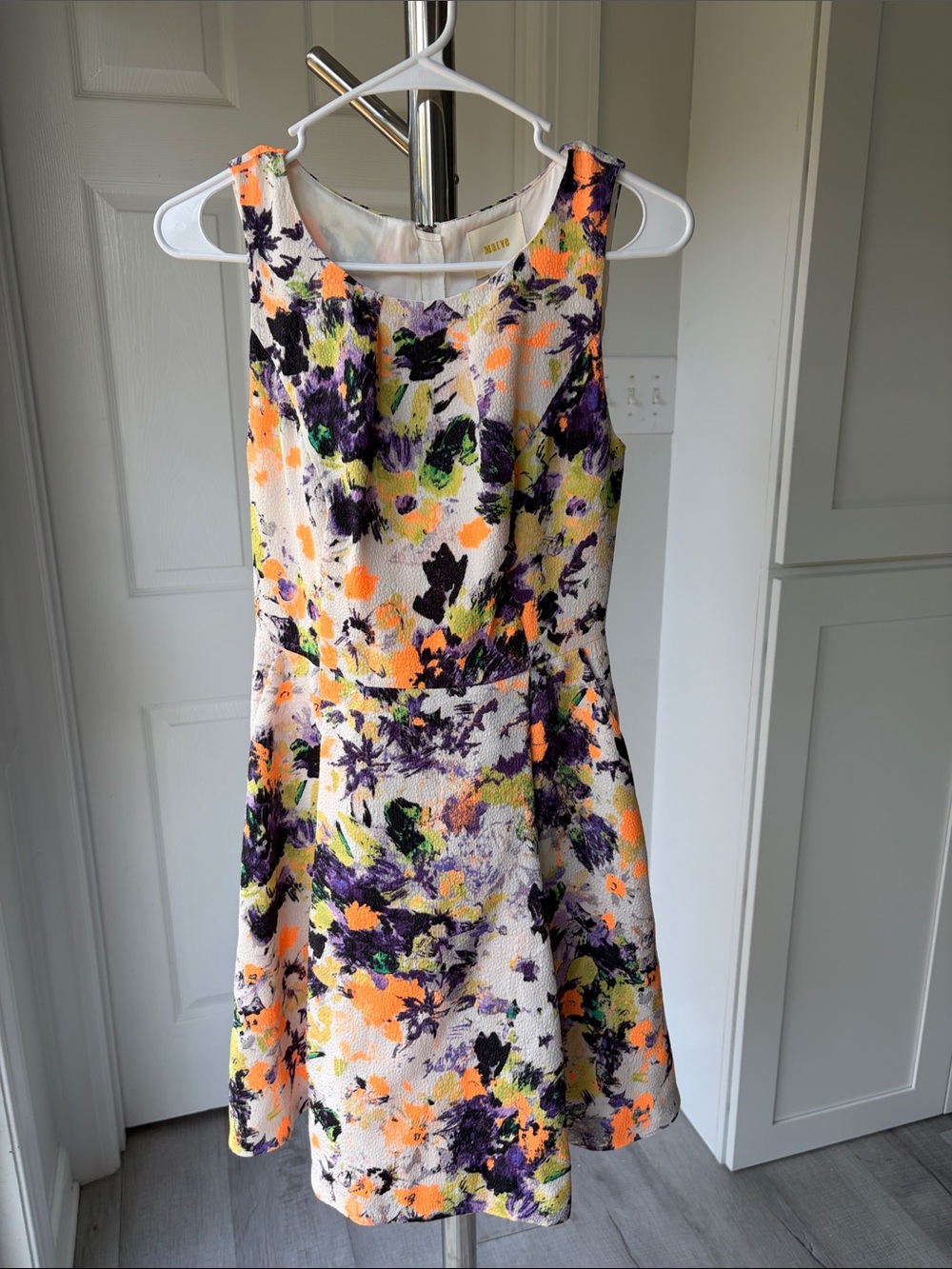 Maeve Floral Fit-and-Flare Dress in White with Purple, Orange, Green